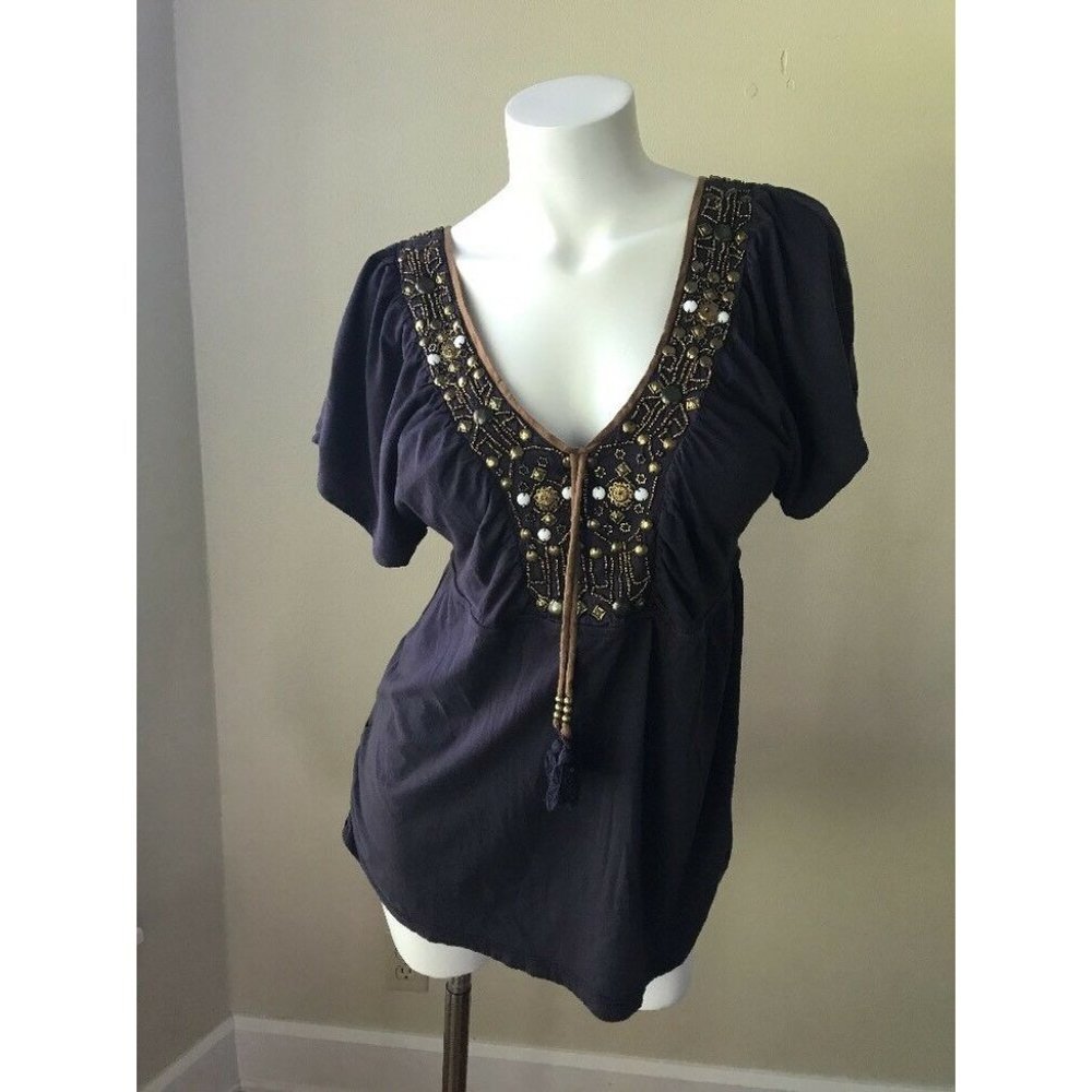 Anthropologie C.Keer Women's Purple Beaded V Neck